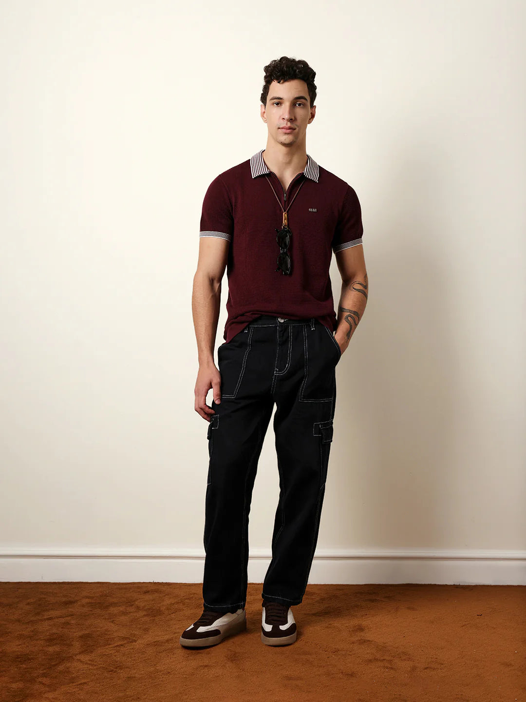 Maroon Regular Fit Waffle Knit Polo