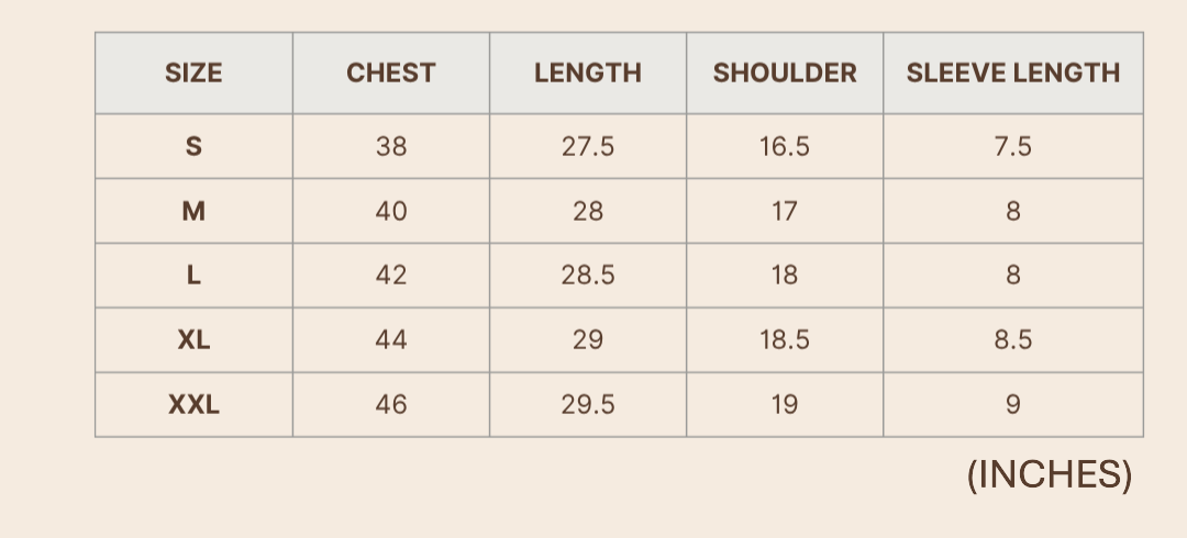 Product size chart