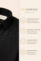 Black dress shirt with Tejano label on collar, featuring dry surface technology details.