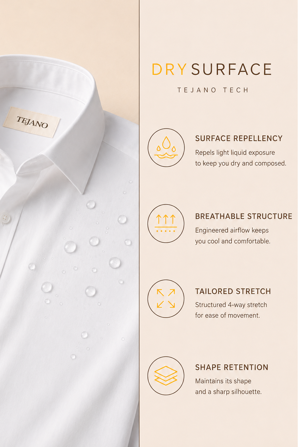 White dress shirt with Tejano label on a beige background, featuring dry surface technology details.
