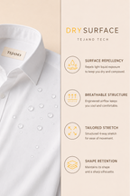 White dress shirt with Tejano label on a beige background, featuring dry surface technology details.