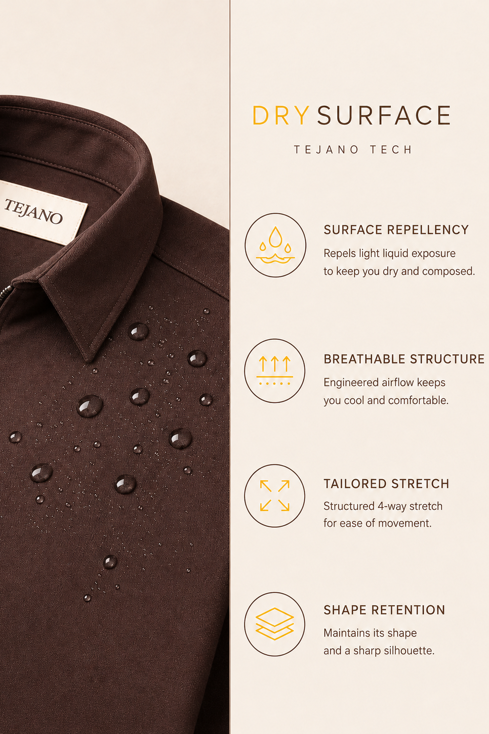 Brown shirt with Tejano Tech features on a beige background