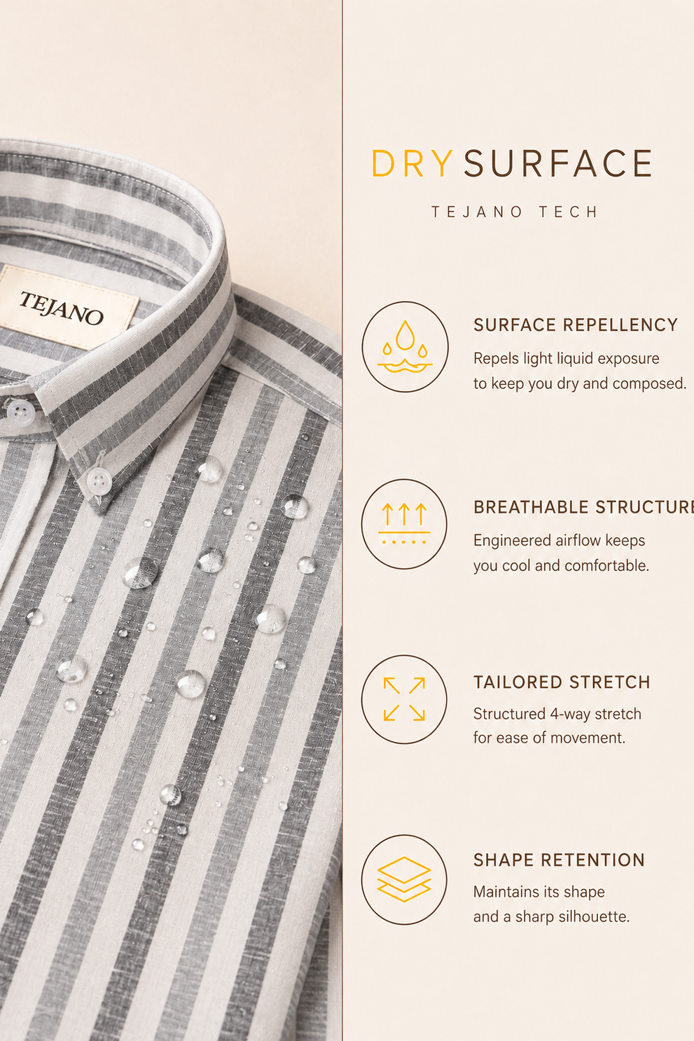 Tejano shirt with features listed on the right side