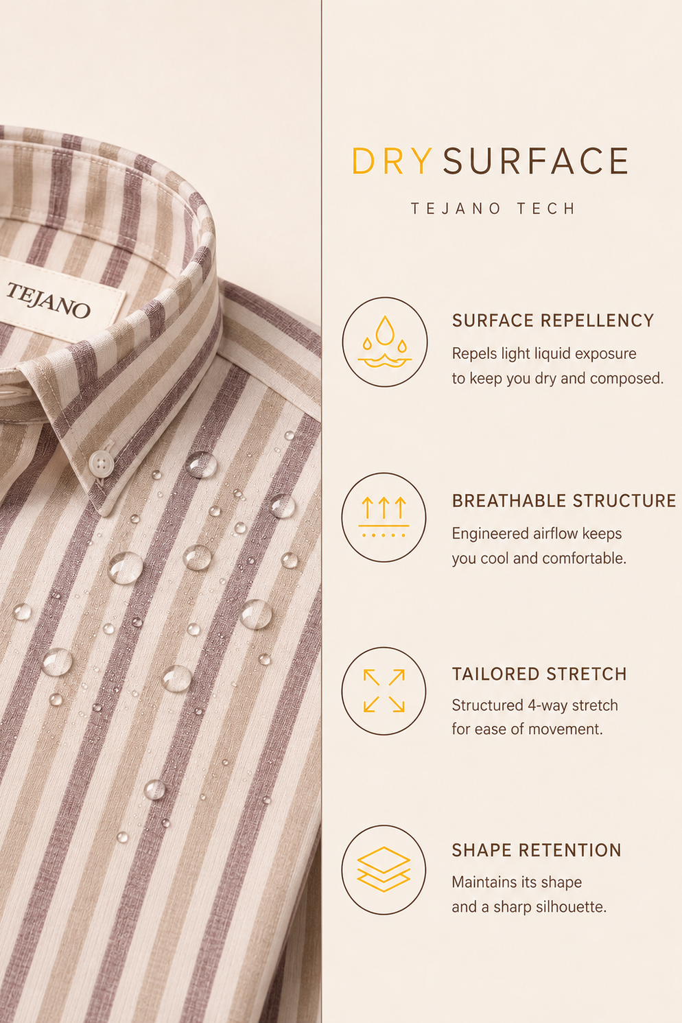 Striped shirt with Tejano label and dry surface technology features on the right.