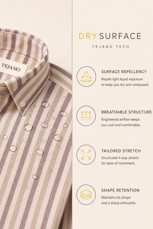Striped shirt with Tejano label and dry surface technology features on the right.