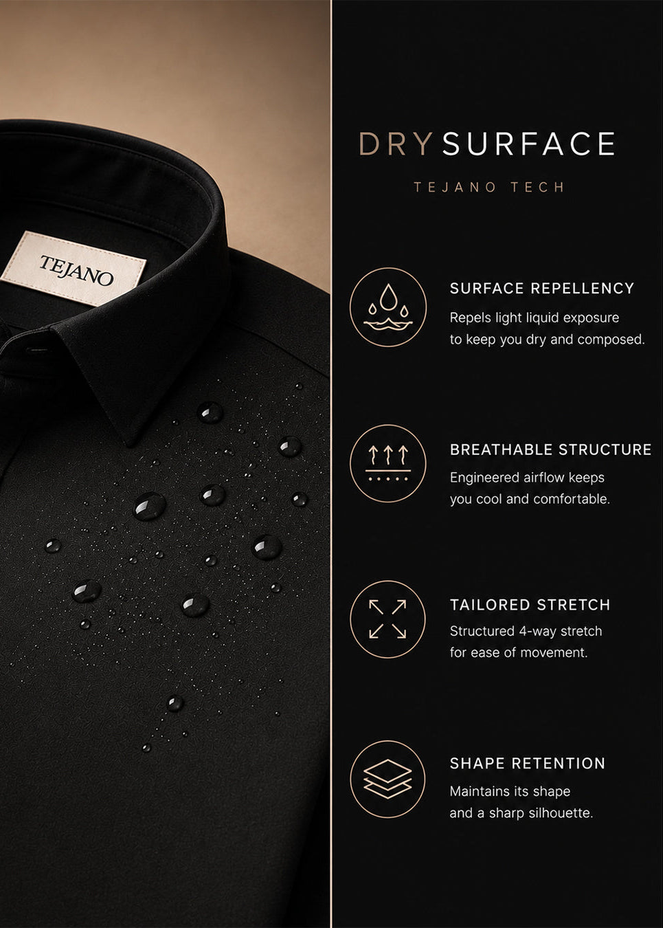 Black shirt with Tejano label and dry surface tech features on a beige and black background
