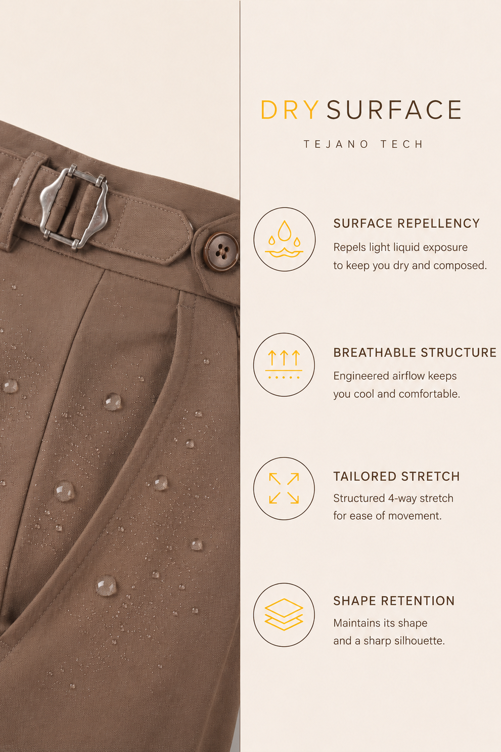Brown coat with belt and buttons, featuring Tejano Tech dry surface properties on the right.