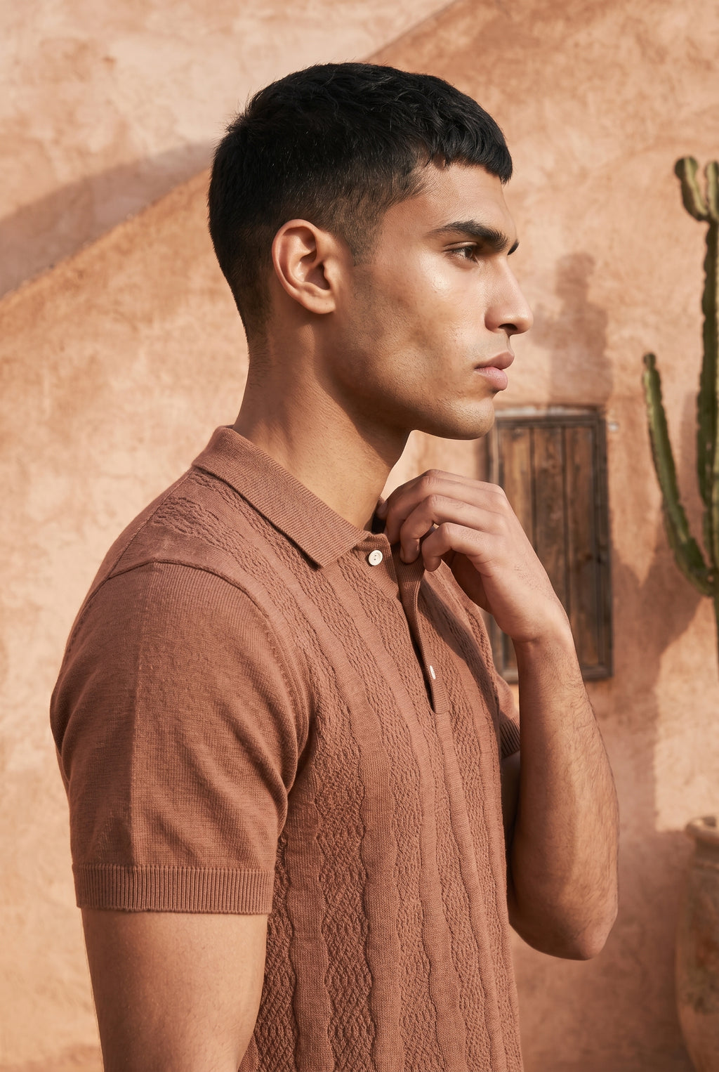 Smokey Camel Cable Cotton Knit Polo T-Shirt