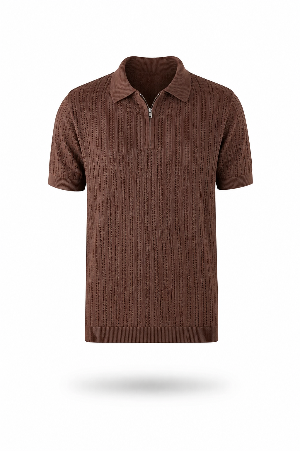 Mocha Brown Cotton Knit Quarter Zip T-Shirt