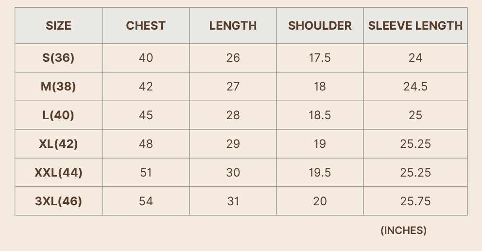 Product size chart
